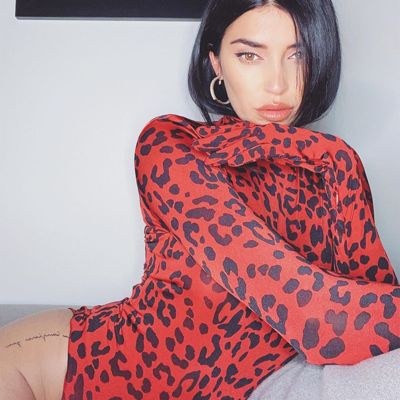 Toamna 2019 Noua Modă Sexy Femei Mănuși Cu mâneci Leopard Print Turtleneck Mânecă lungă Skinny Doamnelor Casual Party Salopete