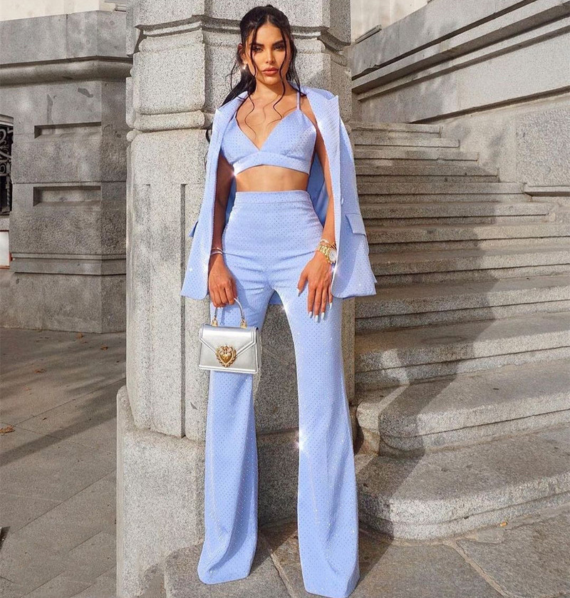 Seturi de sutien blazer cu mânecă lungă, strălucitoare, strălucitoare, cu sclipici, costum de pantaloni de seară eleganti, trei piese, pentru femei, ținute de petrecere în club de noapte