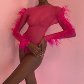 AVV Novi seksi mrežasti prozirni uski bodi Ženski ukrasi od perja Punih rukava Ljetni klupski topovi za zabave Kombinezoni