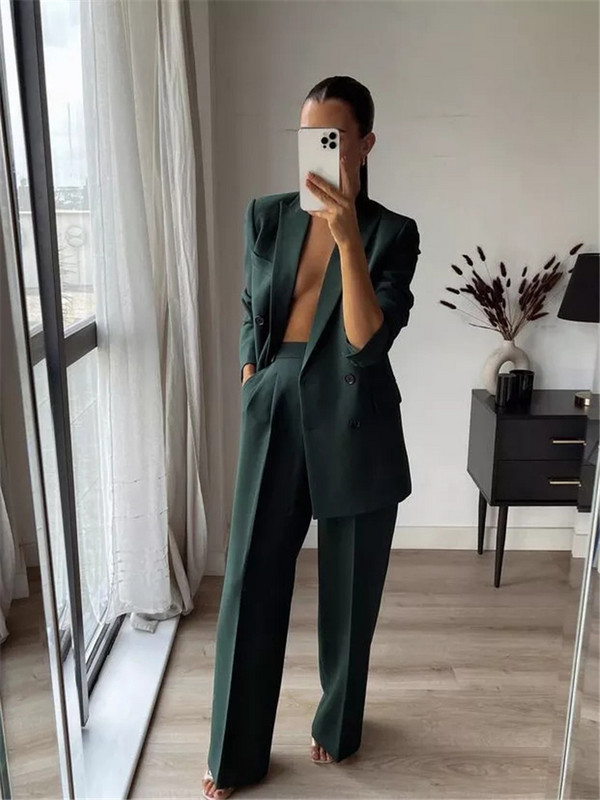 Femei Elegante Blazer Verde Inchis Drept 2022 Toamna Femeii Solid Basic Se potrivesc Doamnelor Costum cu pantaloni cu talie medie