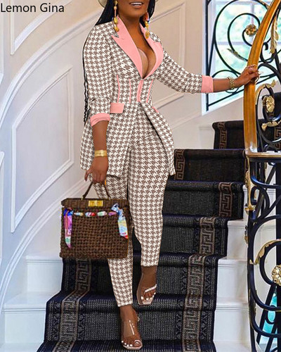 Lemon Gina Houndstooth Femei Set tunică cu mâneci lungi Blazer cu talie înaltă Pantaloni Costum Office Lady Trening Două piese ținută fitness