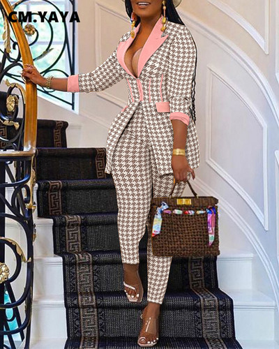 Lemon Gina Houndstooth Femei Set tunică cu mâneci lungi Blazer cu talie înaltă Pantaloni Costum Office Lady Trening Două piese ținută fitness