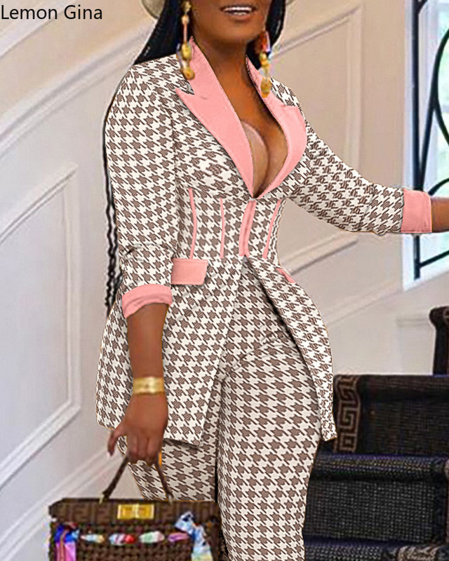 Lemon Gina Houndstooth Femei Set tunică cu mâneci lungi Blazer cu talie înaltă Pantaloni Costum Office Lady Trening Două piese ținută fitness