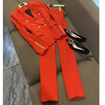 Costum pantaloni dama Office Ladies Roșu Roz Business Clasic nasturi dublu-breaste Set pantaloni nouă blazer Costume formale în două piese