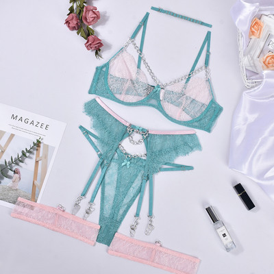 MIRABELLE Fancy εσώρουχα με αλυσίδα, σέξι δαντελένιο σουτιέν, συνονθύλευμα εσώρουχα Διαφανή ερωτική στολή Fancy Ertic Intimate