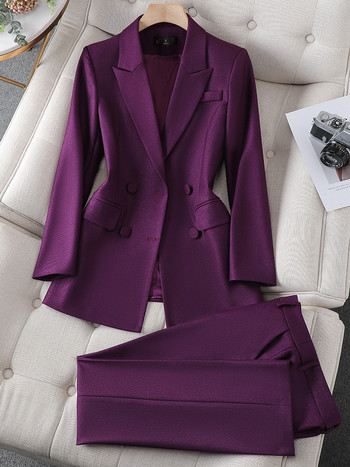 Син лилав черен дамски костюм с блейзър и панталон Офис дамски бизнес комплект от 2 части Дамско яке с дълъг ръкав и панталон