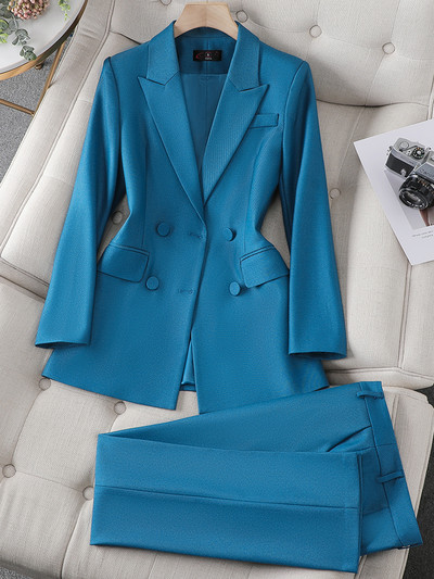 Син лилав черен дамски костюм с блейзър и панталон Офис дамски бизнес комплект от 2 части Дамско яке с дълъг ръкав и панталон