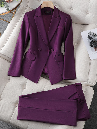 Negru, verde, violet, albastru, blazer și costum cu pantaloni, formale, femei, doamne, mâneci lungi, îmbrăcăminte de lucru pentru afaceri, set de 2 piese pentru toamna iarnă