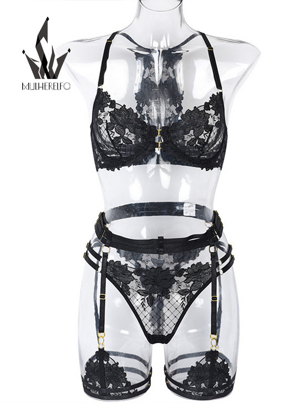 Mulherelfo Sensual Εσώρουχα Σετ Γυναικεία Σέξι Δαντελένια Συνονθύλευμα Εσώρουχα για Διαφανή Σουτιέν Hot Thong Ερωτικά Σετ Breves