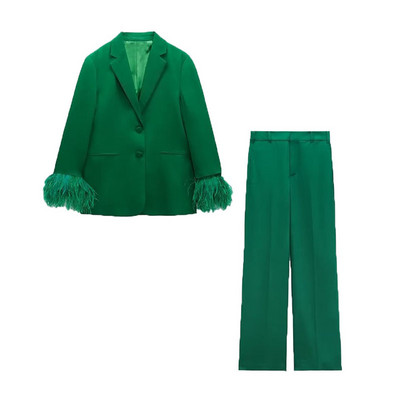 TRAF 2Pcs Proljeće Jesen Ženski jednobojni sako Odijelo 2022 Uredska odjeća od perja Elegantne jakne Kaputi Duge hlače Osnovna vanjska odjeća