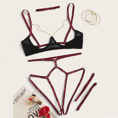 Sieviešu apakšveļas komplekts krūštura komplekti Sexy Exquisite Open krūšturis + prievīte + biksītes komplekts Babydoll Cut-out Apakšveļa Guļamveļa Naktsveļa Lenceria