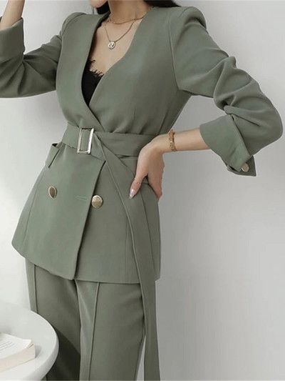 Γυναικείο κοστούμι γραφείου άνοιξη και φθινόπωρο με V λαιμόκοψη Πράσινα σετ δύο τεμαχίων Γυναικείο μπλέιζερ Girly Κομψή ιδιοσυγκρασία Παντελόνι Γυναικεία
