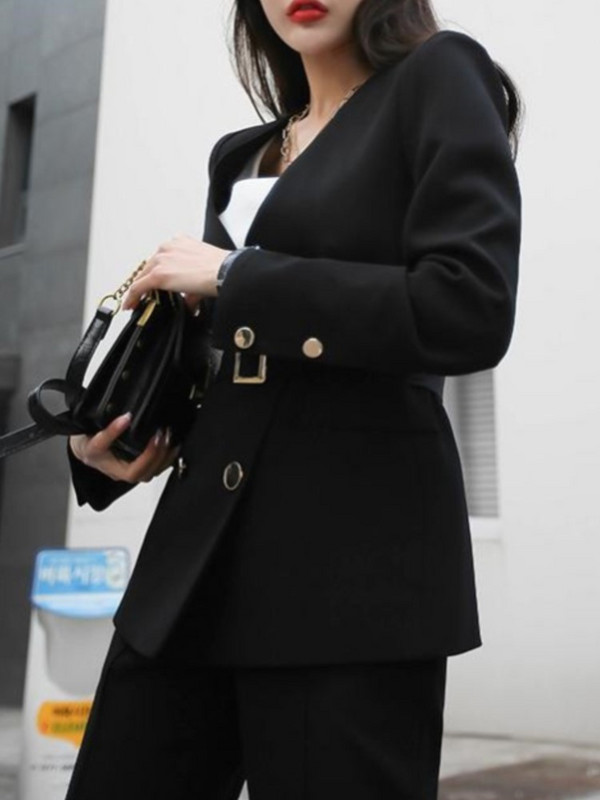 Γυναικείο κοστούμι γραφείου άνοιξη και φθινόπωρο με V λαιμόκοψη Πράσινα σετ δύο τεμαχίων Γυναικείο μπλέιζερ Girly Κομψή ιδιοσυγκρασία Παντελόνι Γυναικεία