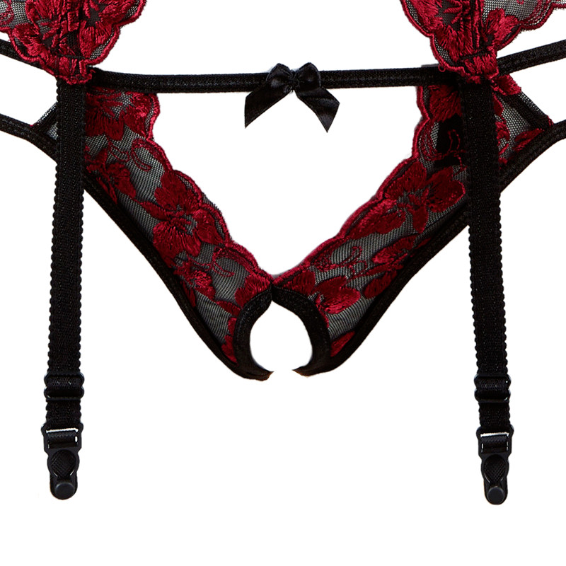 Γυναικεία εσώρουχα Ανοιχτό σουτιέν χωρίς καβάλο Σετ Push Up Διαφανές εξαιρετικά λεπτό σουτιέν + εσώρουχα + καλτσοδέτες Σέξι εσώρουχα κεντήματα δαντέλα