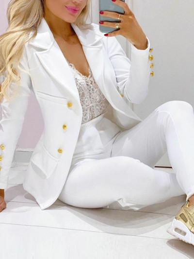 Új, elegáns női nadrágkosztüm Női alkalmi divat blézer és nadrág kétrészes női irodai viselet női rózsaszín fehér női öltöny