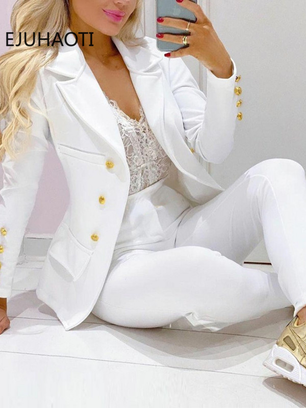 Új, elegáns női nadrágkosztüm Női alkalmi divat blézer és nadrág kétrészes női irodai viselet női rózsaszín fehér női öltöny