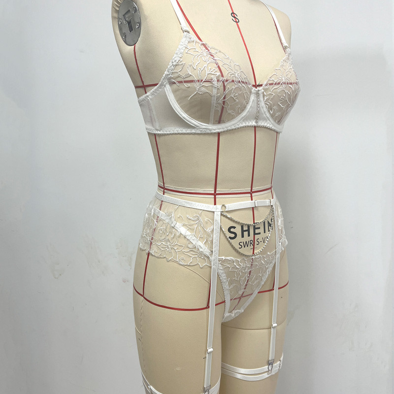 Brskbzda Set de sutien din dantelă alb, 3 bucăți, set de lenjerie sexy pentru femei de lux, cu lanț, set de lenjerie intima transparentă de calitate superioară nou