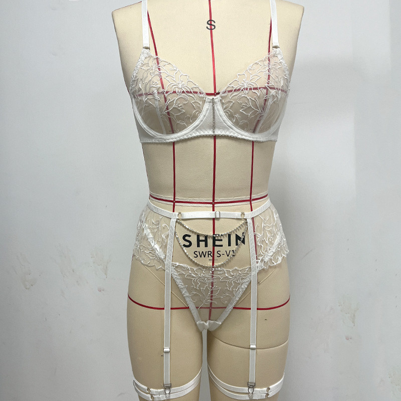 Brskbzda Set de sutien din dantelă alb, 3 bucăți, set de lenjerie sexy pentru femei de lux, cu lanț, set de lenjerie intima transparentă de calitate superioară nou