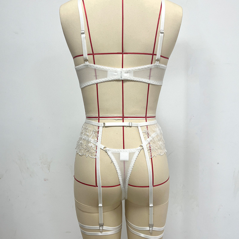 Brskbzda Set de sutien din dantelă alb, 3 bucăți, set de lenjerie sexy pentru femei de lux, cu lanț, set de lenjerie intima transparentă de calitate superioară nou