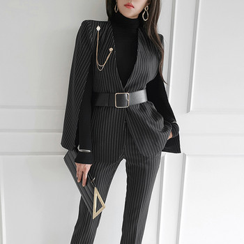 Άνοιξη Φθινόπωρο Κοστούμια παντελονιών 2 τεμαχίων Κομψό γυναικείο ταμπεραμέντο Επίσημο casual ριγέ μανδύα παλτό Παντελόνι Blazer Slim Set outfit
