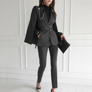 Άνοιξη Φθινόπωρο Κοστούμια παντελονιών 2 τεμαχίων Κομψό γυναικείο ταμπεραμέντο Επίσημο casual ριγέ μανδύα παλτό Παντελόνι Blazer Slim Set outfit