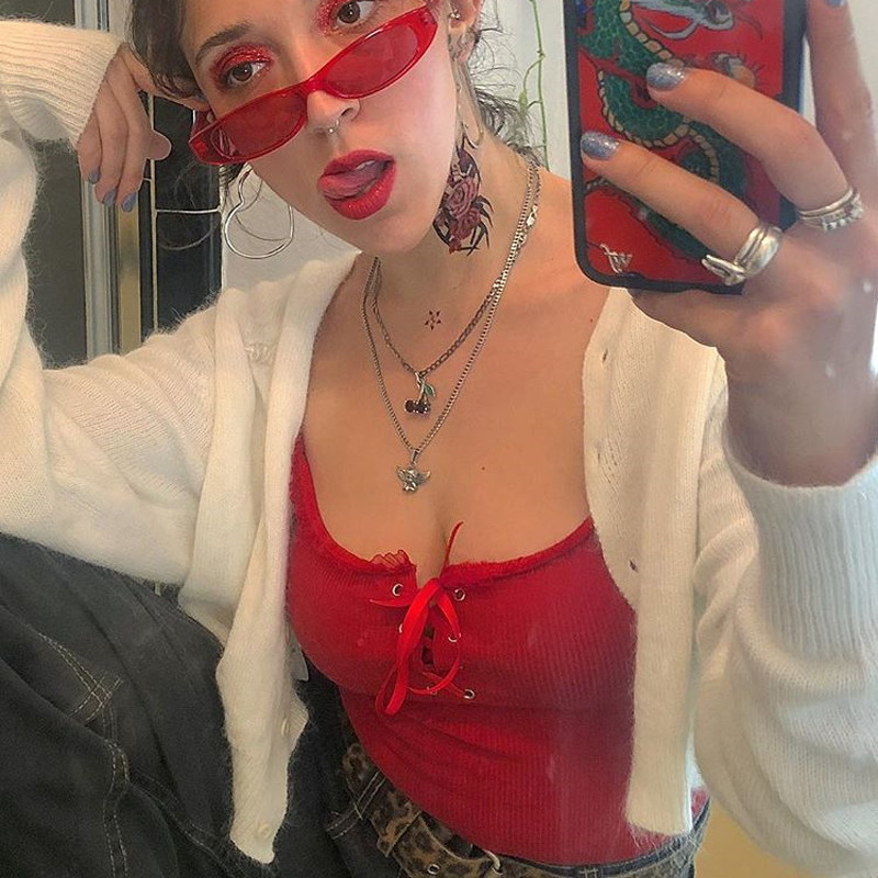 Καλοκαιρινό Νέο Κόκκινο Slim πλεκτό κορμάκι Γυναικεία σέξι κορδόνια με λουράκια σπαγγέτι Splices φορμάκια Small Fresh halter jumpsuits