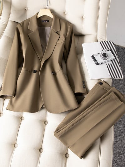 Kavano ružičasto crno žensko odijelo s hlačama Uredski ženski komplet od 2 komada Ženska poslovna radna odjeća Ravni sako i hlače s jednim gumbom