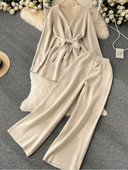 Γυναικεία πλεκτή φόρμα χειμερινής φόρμας 2 τεμαχίων με μακρυμάνικο κορδόνι πουλόβερ ψηλόμεσο παντελόνι γυναικείο μοντέρνο ρούχο στολή Νέο