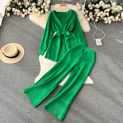 Γυναικεία πλεκτή φόρμα χειμερινής φόρμας 2 τεμαχίων με μακρυμάνικο κορδόνι πουλόβερ ψηλόμεσο παντελόνι γυναικείο μοντέρνο ρούχο στολή Νέο