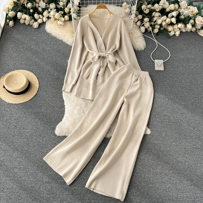 Γυναικεία πλεκτή φόρμα χειμερινής φόρμας 2 τεμαχίων με μακρυμάνικο κορδόνι πουλόβερ ψηλόμεσο παντελόνι γυναικείο μοντέρνο ρούχο στολή Νέο