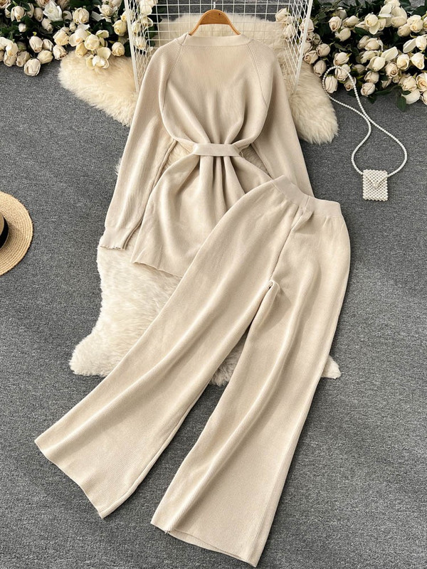 Γυναικεία πλεκτή φόρμα χειμερινής φόρμας 2 τεμαχίων με μακρυμάνικο κορδόνι πουλόβερ ψηλόμεσο παντελόνι γυναικείο μοντέρνο ρούχο στολή Νέο