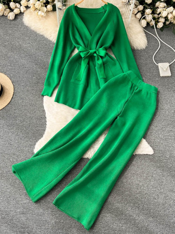 Γυναικεία πλεκτή φόρμα χειμερινής φόρμας 2 τεμαχίων με μακρυμάνικο κορδόνι πουλόβερ ψηλόμεσο παντελόνι γυναικείο μοντέρνο ρούχο στολή Νέο