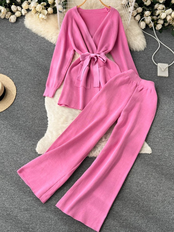 Γυναικεία πλεκτή φόρμα χειμερινής φόρμας 2 τεμαχίων με μακρυμάνικο κορδόνι πουλόβερ ψηλόμεσο παντελόνι γυναικείο μοντέρνο ρούχο στολή Νέο