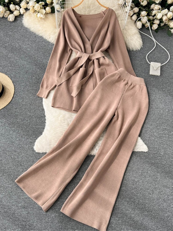 Γυναικεία πλεκτή φόρμα χειμερινής φόρμας 2 τεμαχίων με μακρυμάνικο κορδόνι πουλόβερ ψηλόμεσο παντελόνι γυναικείο μοντέρνο ρούχο στολή Νέο