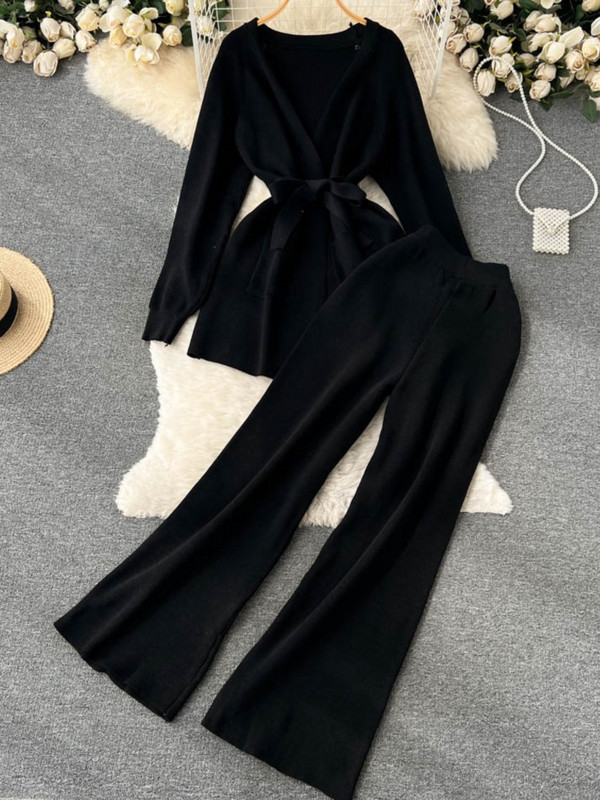 Γυναικεία πλεκτή φόρμα χειμερινής φόρμας 2 τεμαχίων με μακρυμάνικο κορδόνι πουλόβερ ψηλόμεσο παντελόνι γυναικείο μοντέρνο ρούχο στολή Νέο