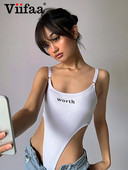 Viifaa O-Neck Spaghetti Strap Letter Print Λευκό Ολόσωμο Γυναικείο κορμάκι κούφιο έξω από το πλάι Sexy Top Party Ρούχα Φεστιβάλ