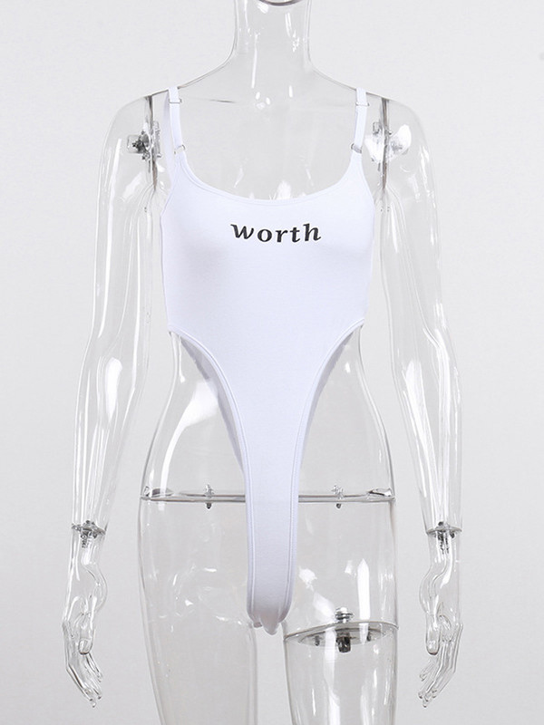 Viifaa O-Neck Spaghetti Strap Letter Print Λευκό Ολόσωμο Γυναικείο κορμάκι κούφιο έξω από το πλάι Sexy Top Party Ρούχα Φεστιβάλ