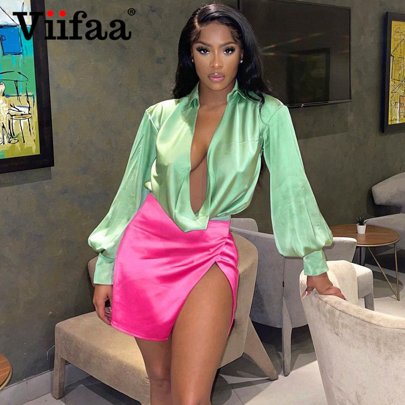 Viifaa Bluză din satin cu mânecă lungă, cu decolteu în V adânc, sexy, pentru petrecere, pentru femei, 2022, primăvară, culoare solidă, contrast din plasă, elegant