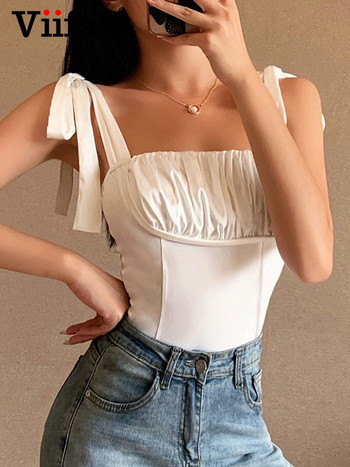Viifaa Knot Strap Ruched Bust White Tops Елегантно боди Дамско лято 2022 Секси бодита Femme Slim Skinny Bodysuits