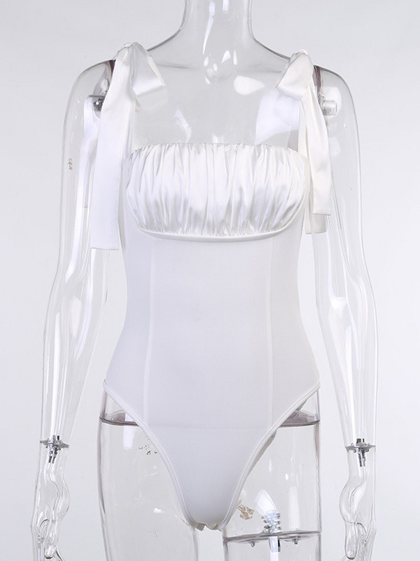 Viifaa Curea cu nod Bust încrețit Topuri albe Body elegant pentru femei, vara 2022, body sexy pentru femei, body subțire și slab