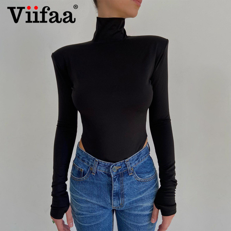 Viifaa ženski bodi s visokim izrezom bez leđa, elegantni jastučići za ramena, uski bodi, ženski zimski, seksi bodi s rupama za palac