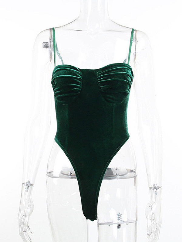 Viifaa Bodys din catifea verde ținute sexy pentru femei Body skinny cu bretele spaghetti Top fără spate Îmbrăcăminte de festival