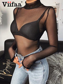 Viifaa Stand γιακά με ριγέ διχτυωτό διάφανο σέξι γυναικείο ολόσωμο ανοιξιάτικο μακρυμάνικο εξώπλατο νυχτερινό πάρτι