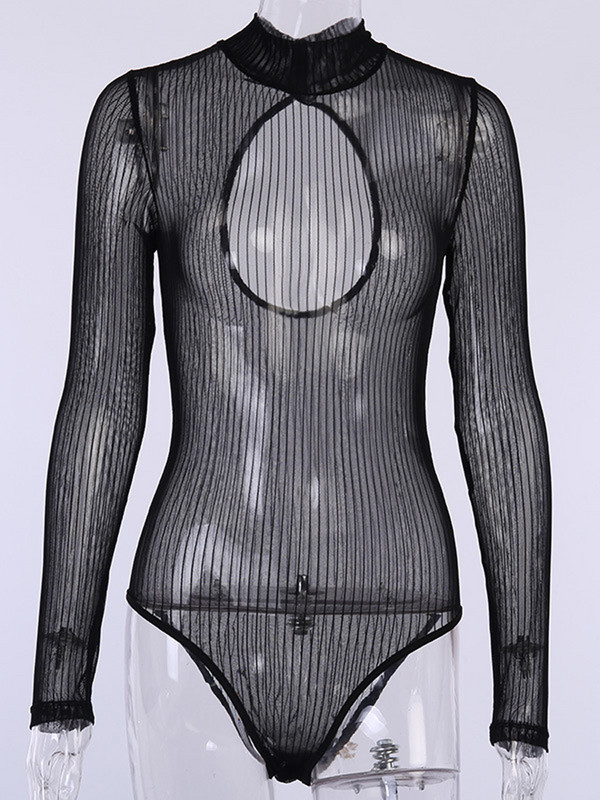 Viifaa Stand γιακά με ριγέ διχτυωτό διάφανο σέξι γυναικείο ολόσωμο ανοιξιάτικο μακρυμάνικο εξώπλατο νυχτερινό πάρτι