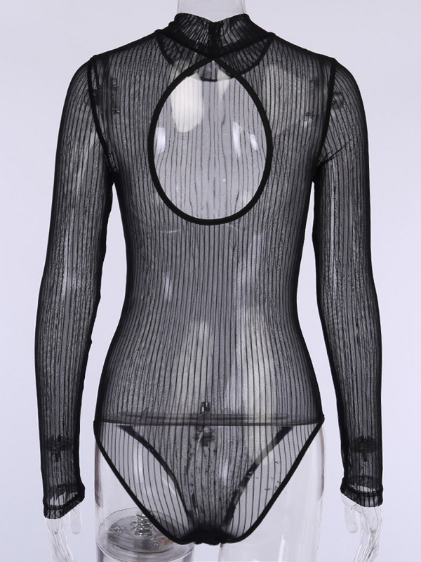 Viifaa Stand γιακά με ριγέ διχτυωτό διάφανο σέξι γυναικείο ολόσωμο ανοιξιάτικο μακρυμάνικο εξώπλατο νυχτερινό πάρτι