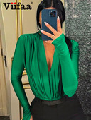 Viifaa dolčevita s dubokim V-izrezom Nabrani uski bodi za žene Seksi majice s dugim rukavima i rupama za palčeve Rave Outfits Body za zabave