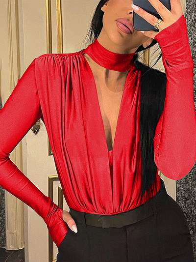 Viifaa dolčevita s dubokim V-izrezom Nabrani uski bodi za žene Seksi majice s dugim rukavima i rupama za palčeve Rave Outfits Body za zabave