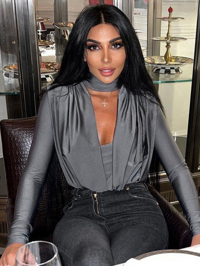 Viifaa dolčevita s dubokim V-izrezom Nabrani uski bodi za žene Seksi majice s dugim rukavima i rupama za palčeve Rave Outfits Body za zabave