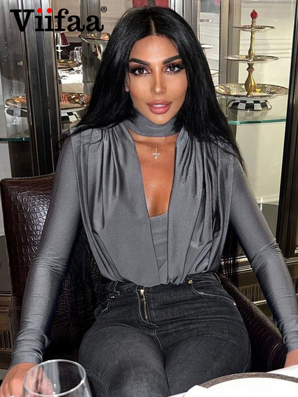 Viifaa dolčevita s dubokim V-izrezom Nabrani uski bodi za žene Seksi majice s dugim rukavima i rupama za palčeve Rave Outfits Body za zabave