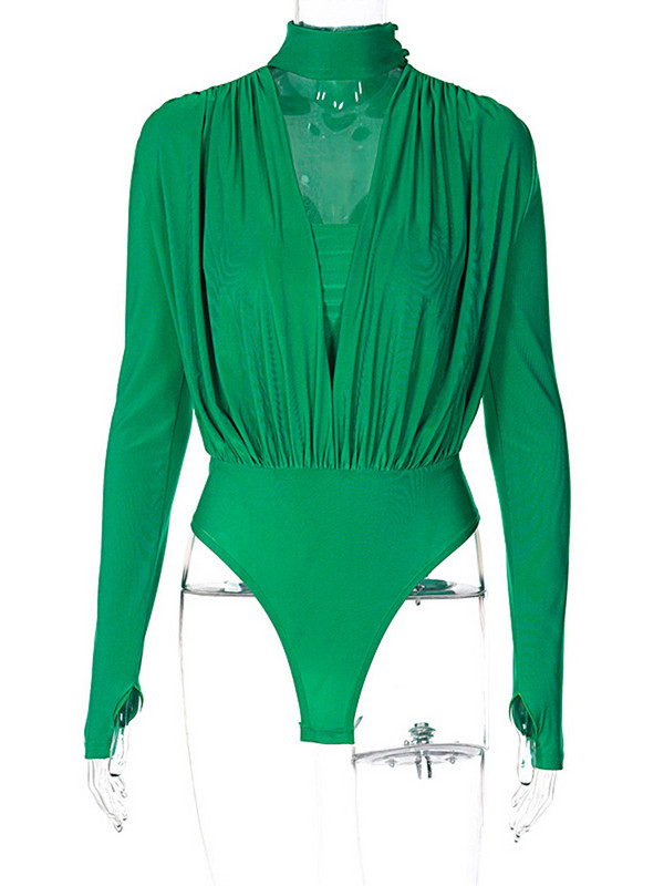 Viifaa dolčevita s dubokim V-izrezom Nabrani uski bodi za žene Seksi majice s dugim rukavima i rupama za palčeve Rave Outfits Body za zabave